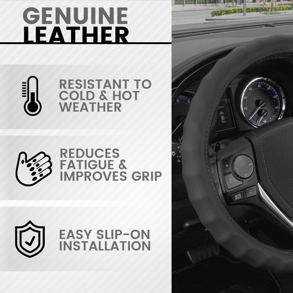 MotorTrend Ergonomic Genuine Leather Steering Wheel Cover S (Fits 13.5" - 14.5")