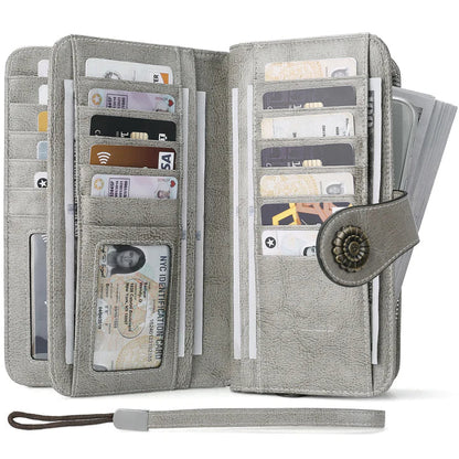 High Quality Women Wallet RFID, GENUINE LEATHER RFID BLOCKING CARDS HOLDER LARGE CAPACITY PURSES PHONE CLUTCH WITH ZIPPER POCKET WRISTLET