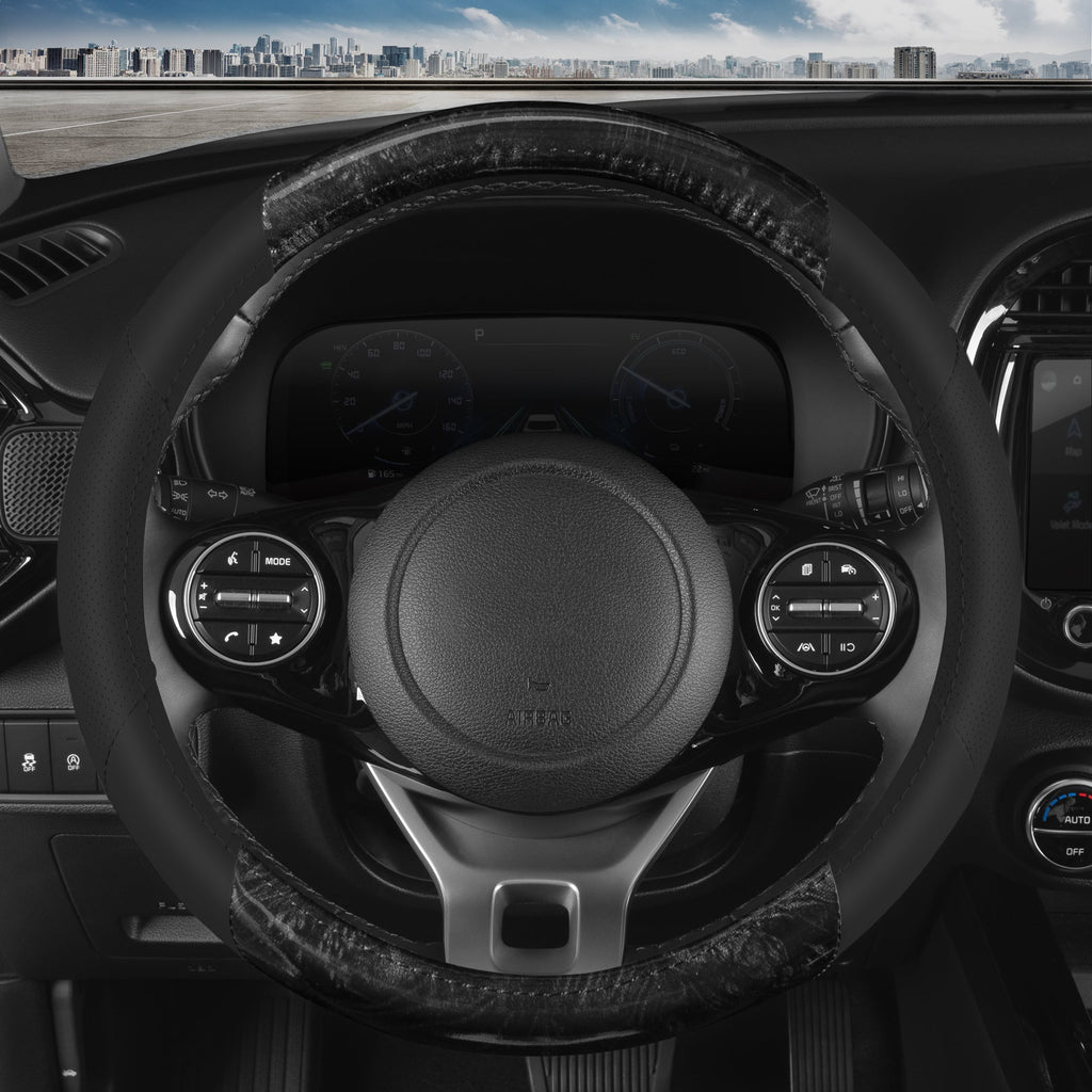 BDK Burlwood Pattern and Leatherette Sport Grip Steering Wheel Cover (Fits 14.5" - 15.5")
