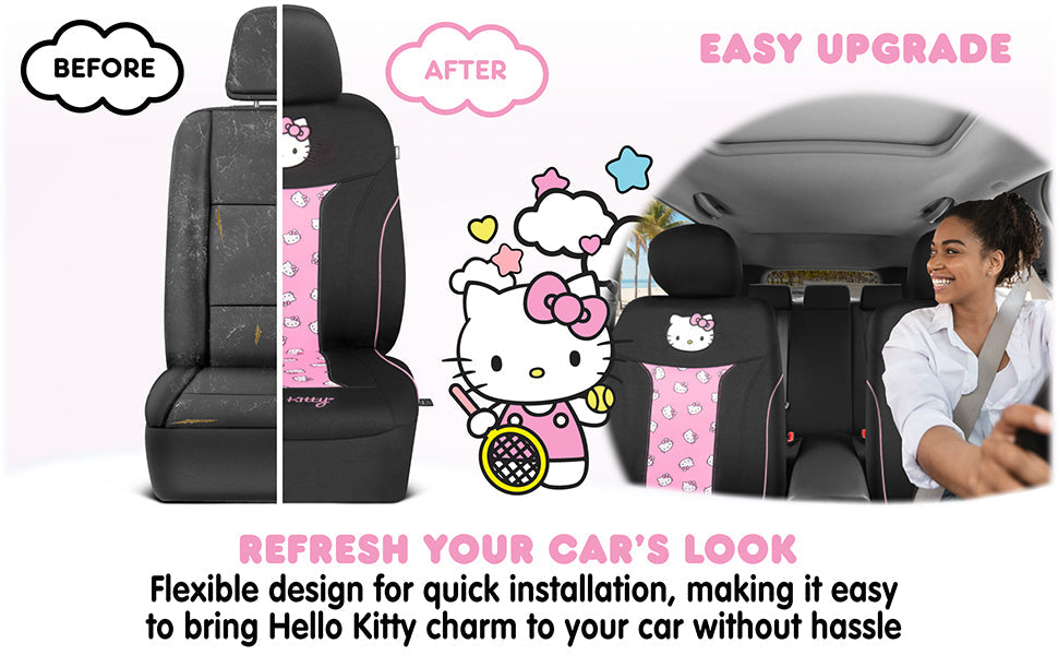 Hello Kitty Car Seat Covers - Cute and Durable Pink Front Seat Covers, Adorable Hello Kitty Design, Comfortable and Long-Lasting Polyester, Car Accessories Gift Hello Kitty Accessories 2pc Black/Pink