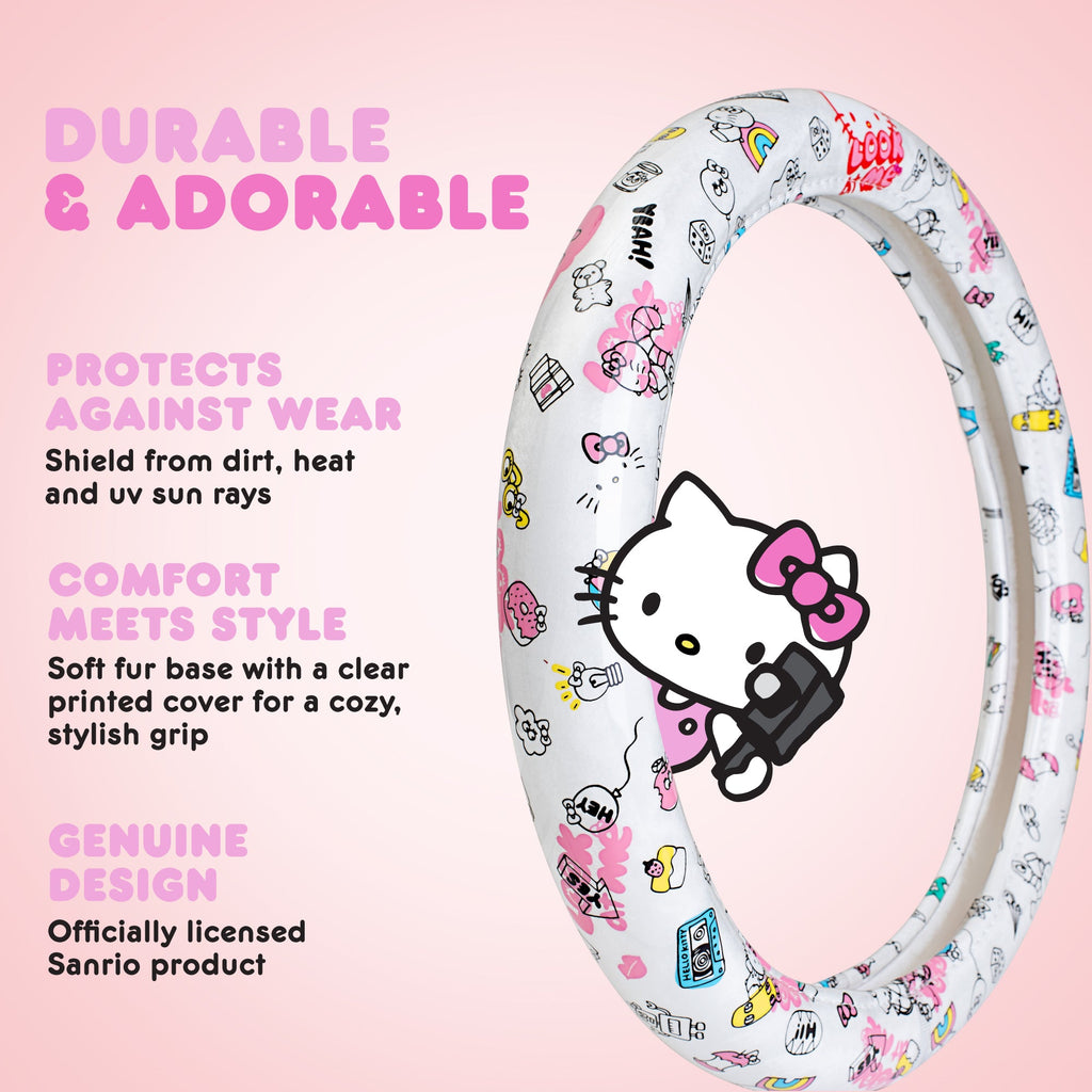 Hello Kitty Steering Wheel Cover, Official Sanrio Car Steering Wheel Cover with Universal Size 14.5 - 15.5, Cute White Steering Wheel Cover for Women, Hello Kitty Car Accessories (Hello Kitty Look at Me)