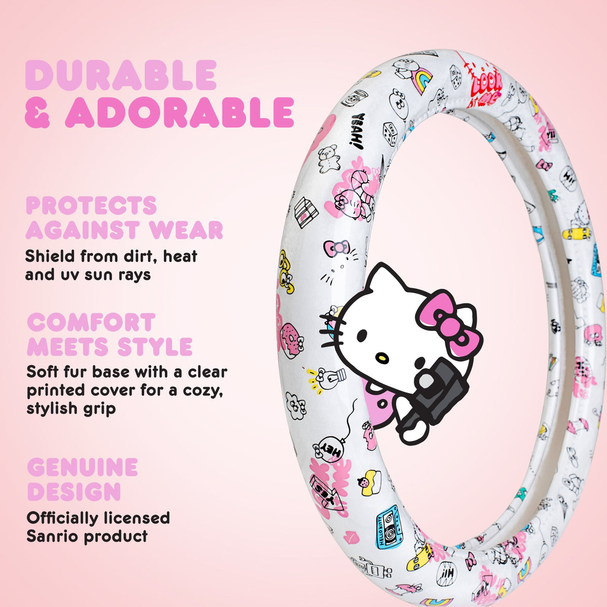 Hello Kitty Steering Wheel Cover, Official Sanrio Car Steering Wheel Cover with Universal Size 14.5 - 15.5, Cute White Steering Wheel Cover for Women, Hello Kitty Car Accessories (Hello Kitty Look at Me)
