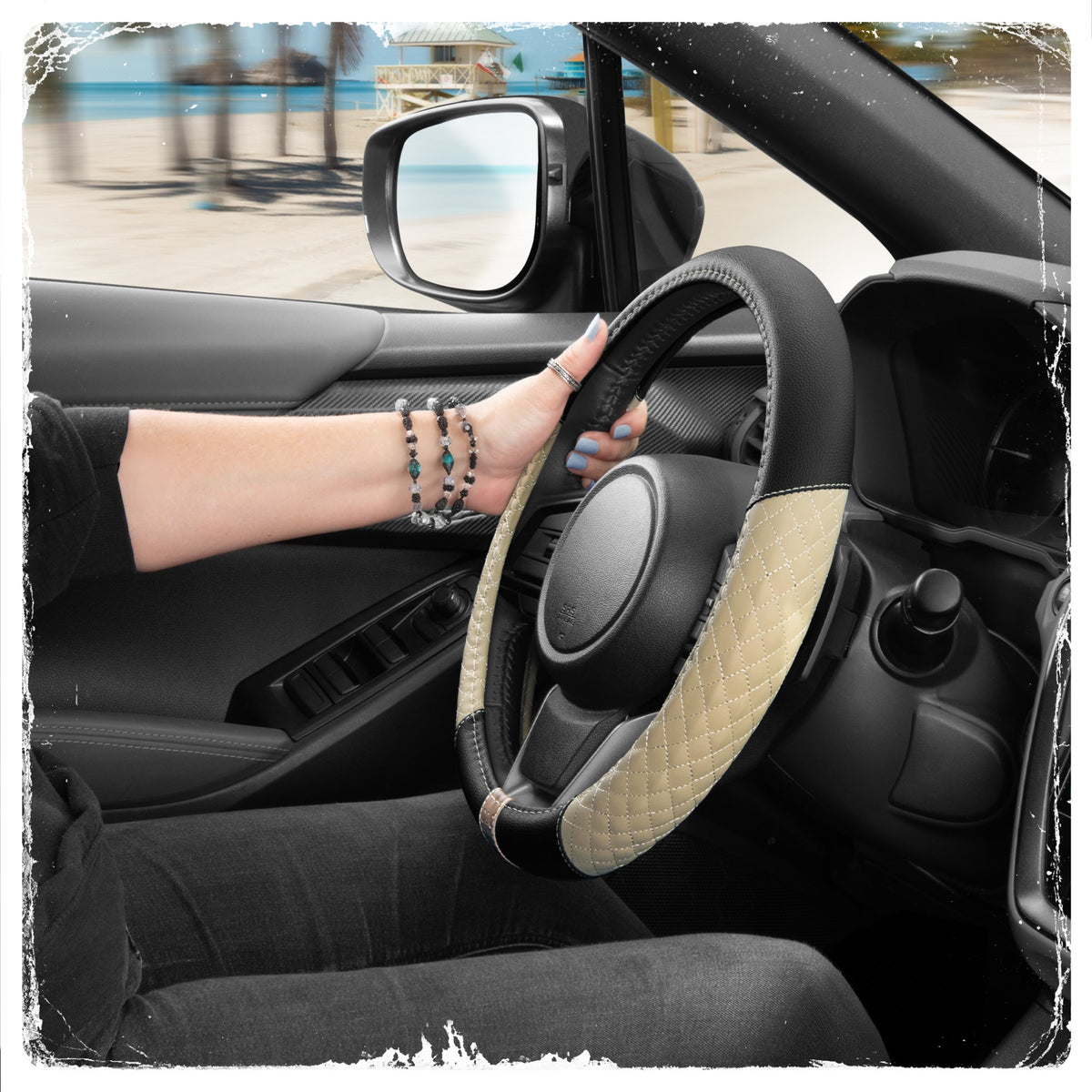 C&C California Car Steering Wheel Cover Beige Diamond Quilt, Non Slip Leather Steering Wheel Cover for Women Men, Cute Comfortable Soft Easy Installation Universal Fit (Fits 14.5"-15.5" Inches)