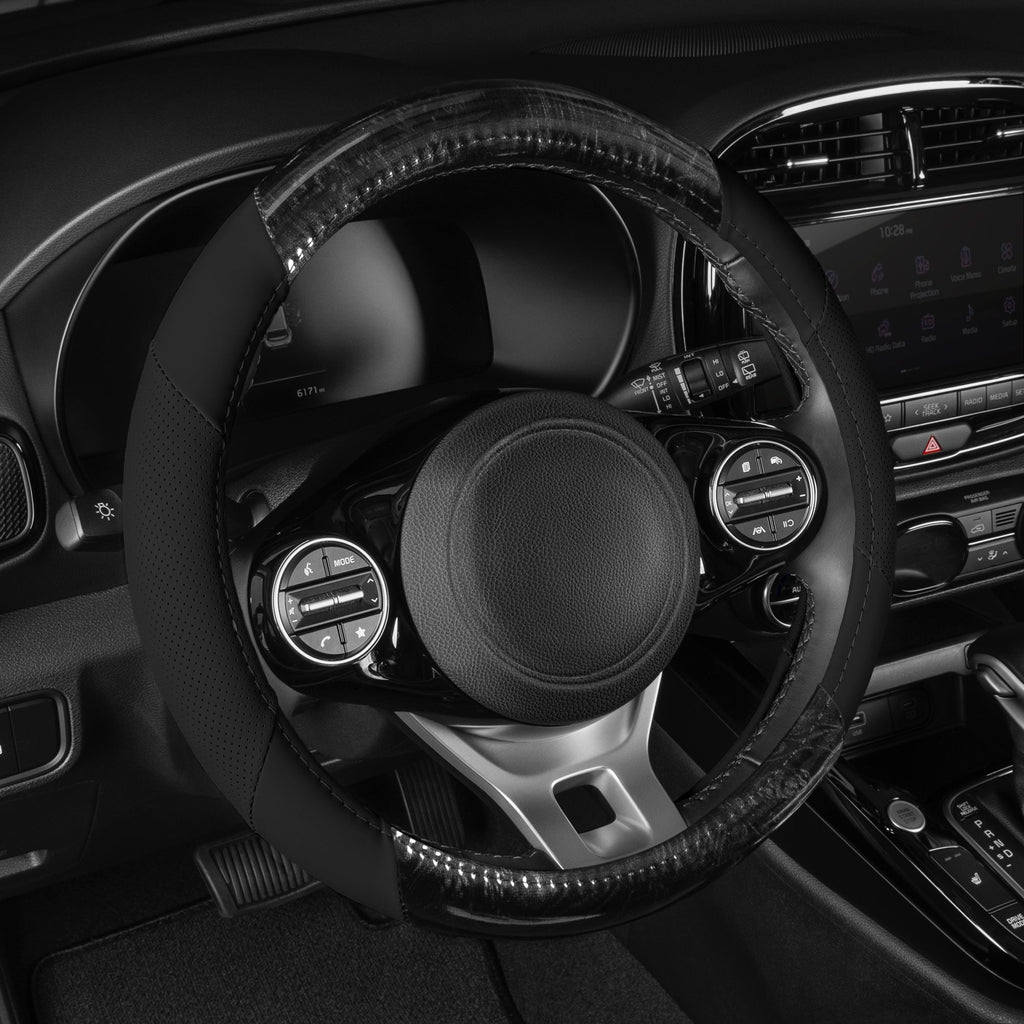 BDK Burlwood Pattern and Leatherette Sport Grip Steering Wheel Cover (Fits 14.5" - 15.5") - Black