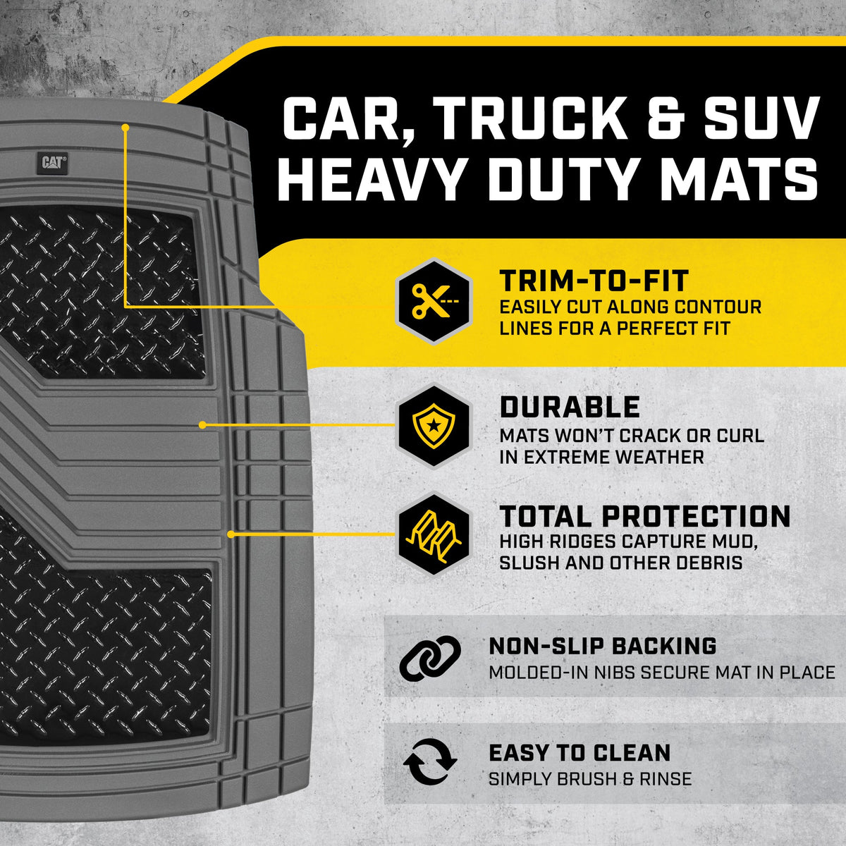 CAT 4-Piece Two-Tone Metallic-Look Front Floor Mats and Rear Floor Mats - Heavy Duty, All Weather, Trim to Fit