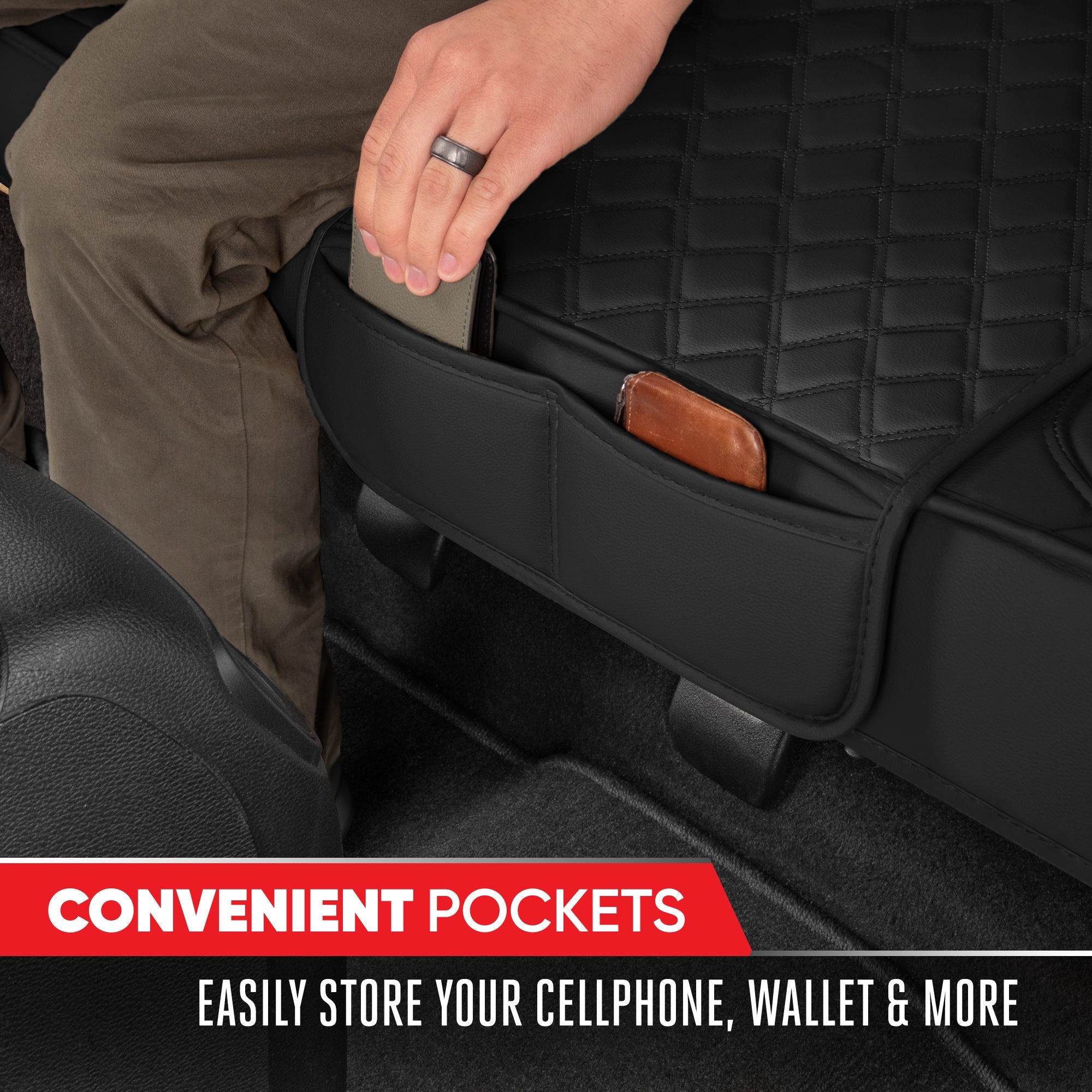 MotorTrend 3-Piece Diamond Stitched Padded Rear Seat Covers with Storage Pockets - Black