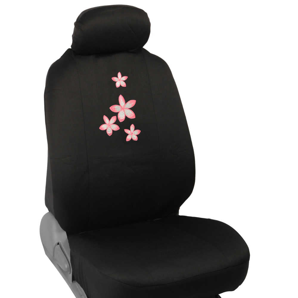 BDK 12-Piece Pink Flowers Front Seat Covers, Rear Seat Cover, Seat Belt Pads, and Steering Wheel Cover (Fits 14.5" - 15.5")