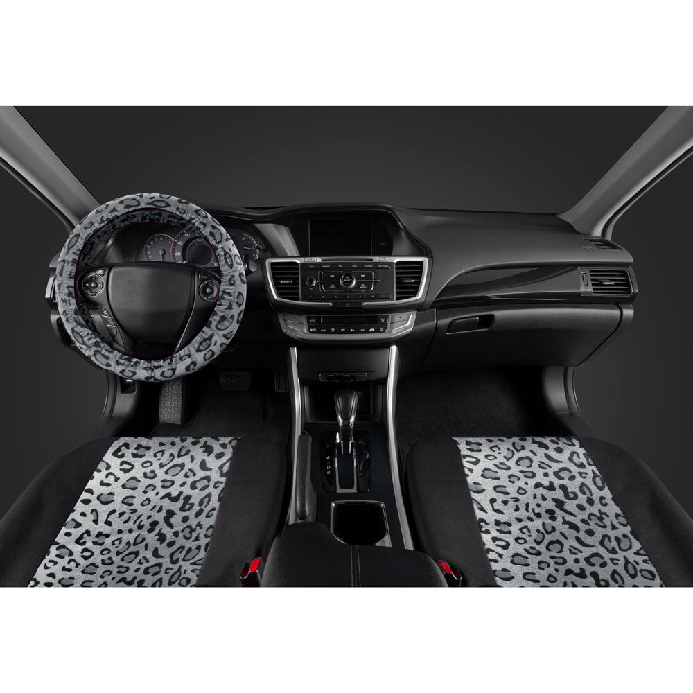 BDK 12-Piece Silver Leopard Front Seat Covers, Rear Seat Covers, Seat Belt Pads, and Steering Wheel Cover (Fits 14.5" - 15.5")