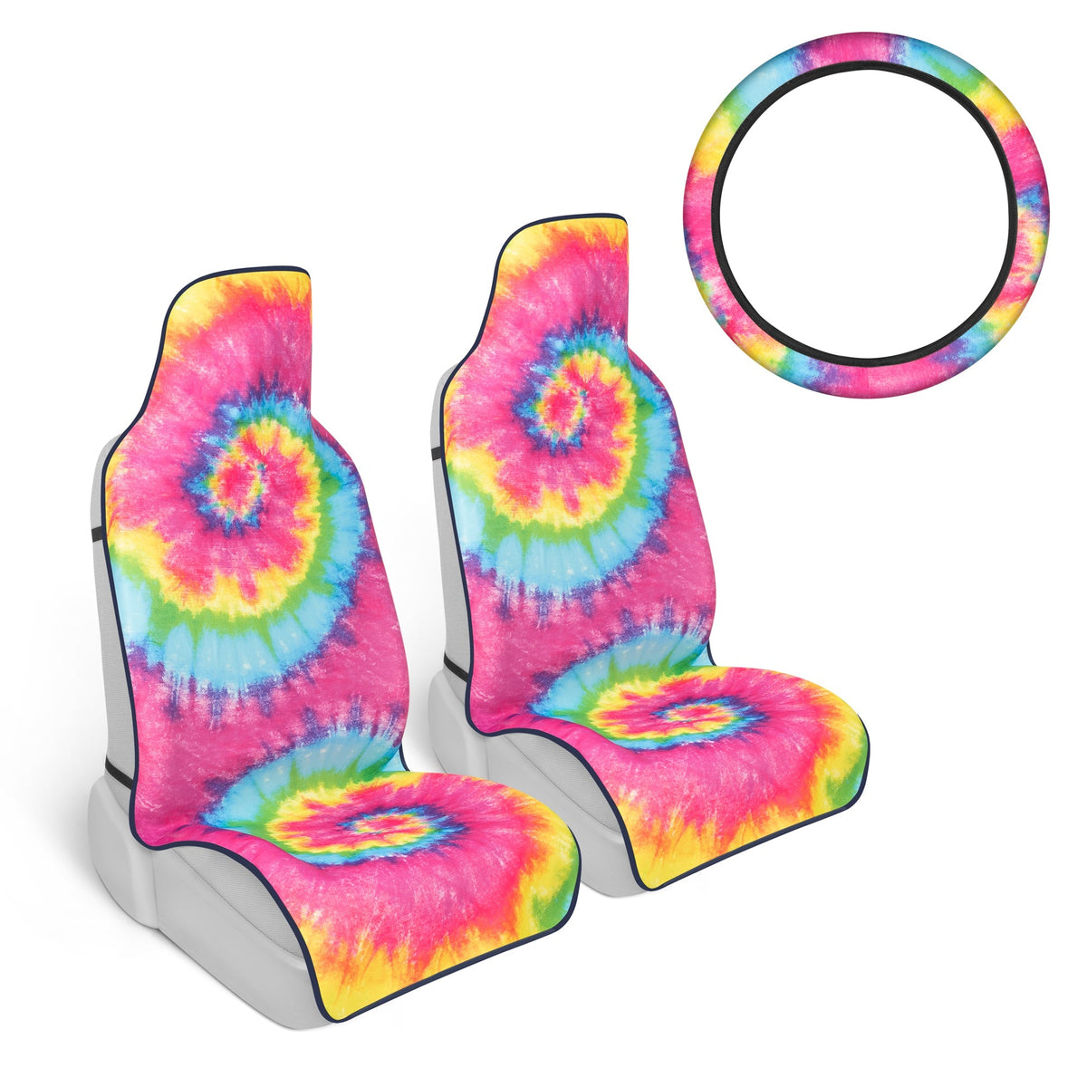 Carbella 3-Piece Tie-Dye Front Seat Covers and Steering Wheel Cover (Fits 14.5" - 15.5")