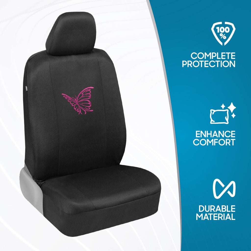 BDK 12-Piece Butterfly Front Seat Covers, Rear Seat Covers, Seat Belt Pads, and Steering Wheel Cover (Fits 14.5" - 15.5")