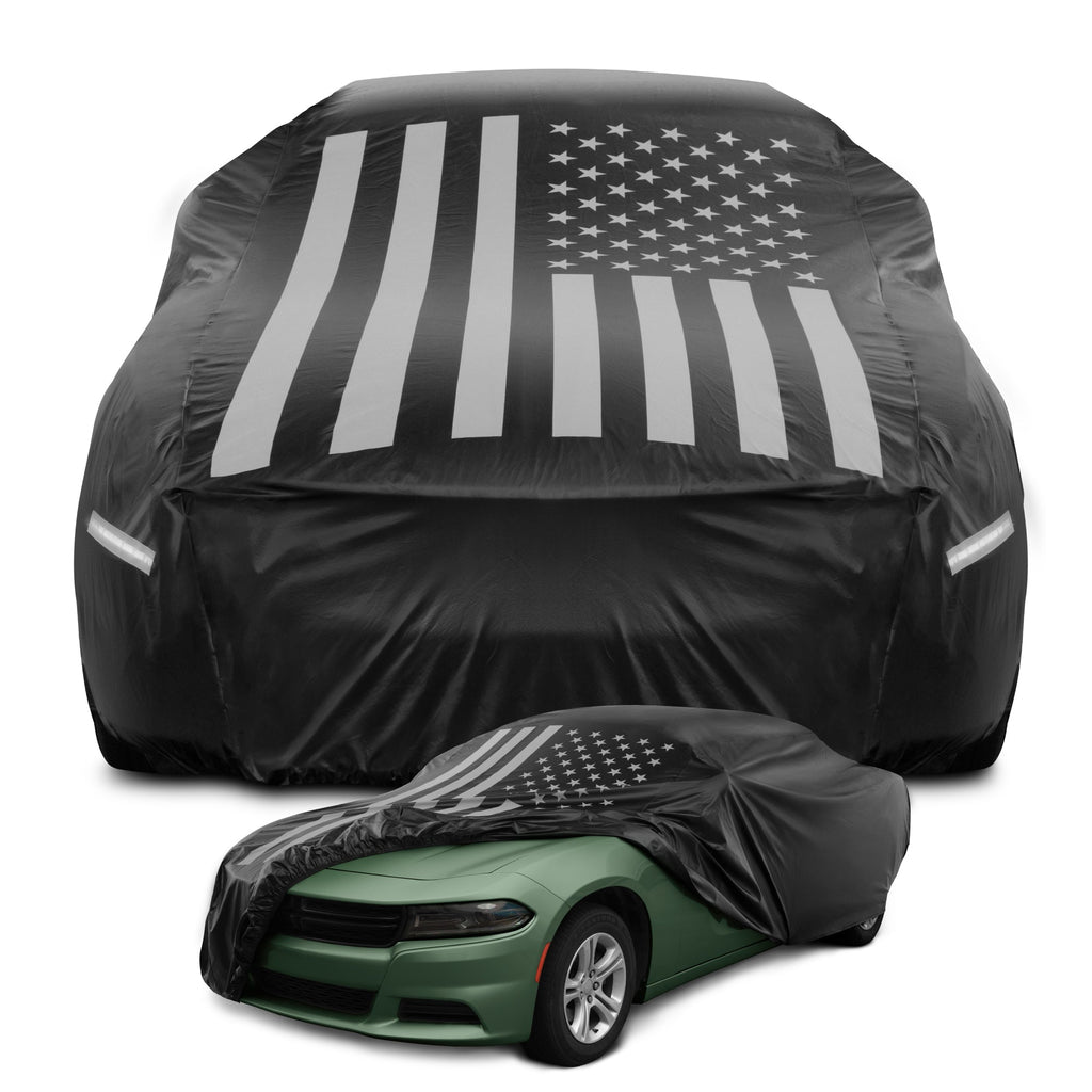 Motor Trend Black USA Flag Waterproof Car Cover - All Weather Outdoor Protection, UV Resistant, Windproof, Scratchproof - Semi-Universal Fit Sedan Full Car Cover for Sun Rain Snow (191"- 210" Length)