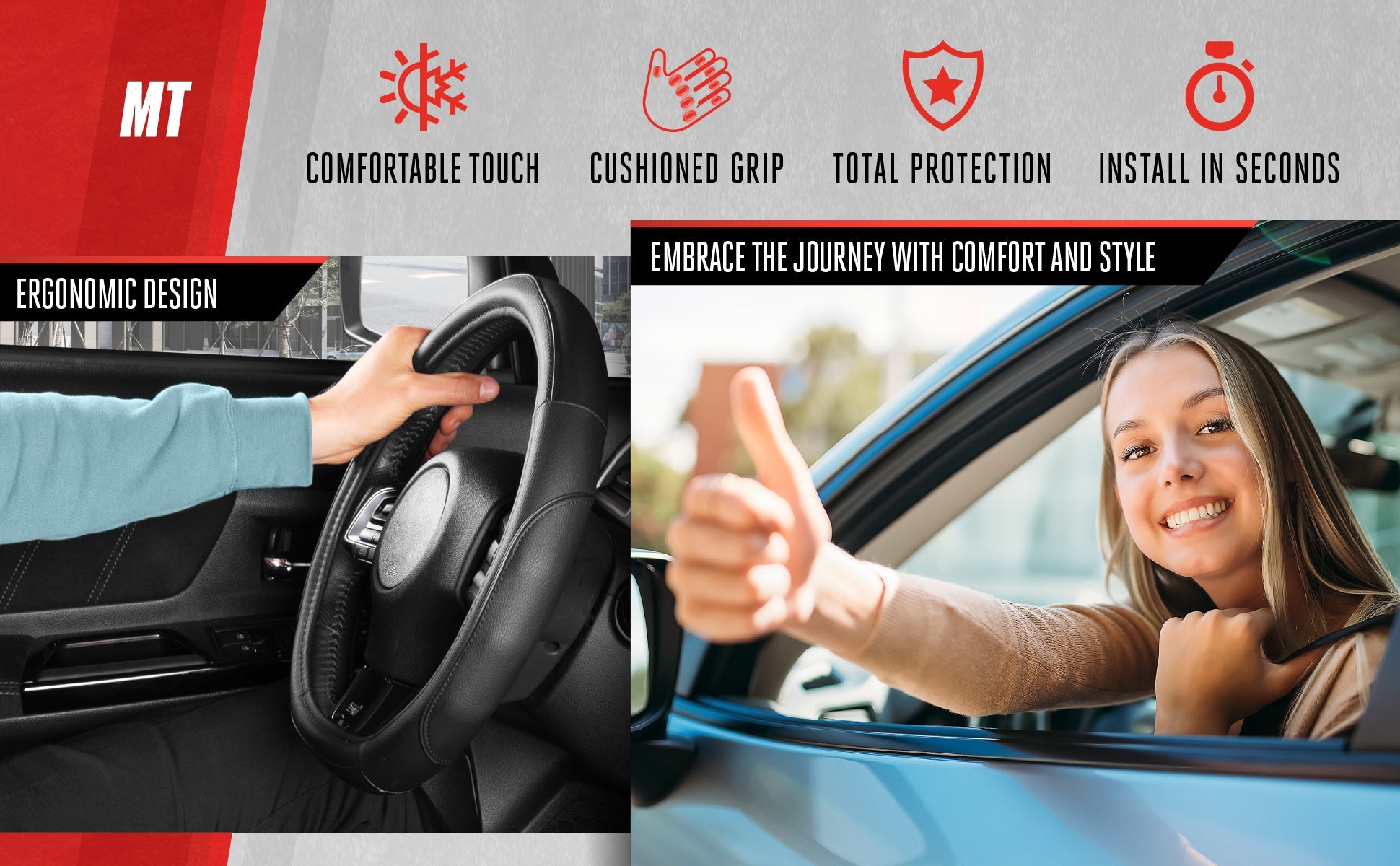 MotorTrend Stealth D-Shaped Steering Wheel Cover (Fits 14.5" - 15.5")