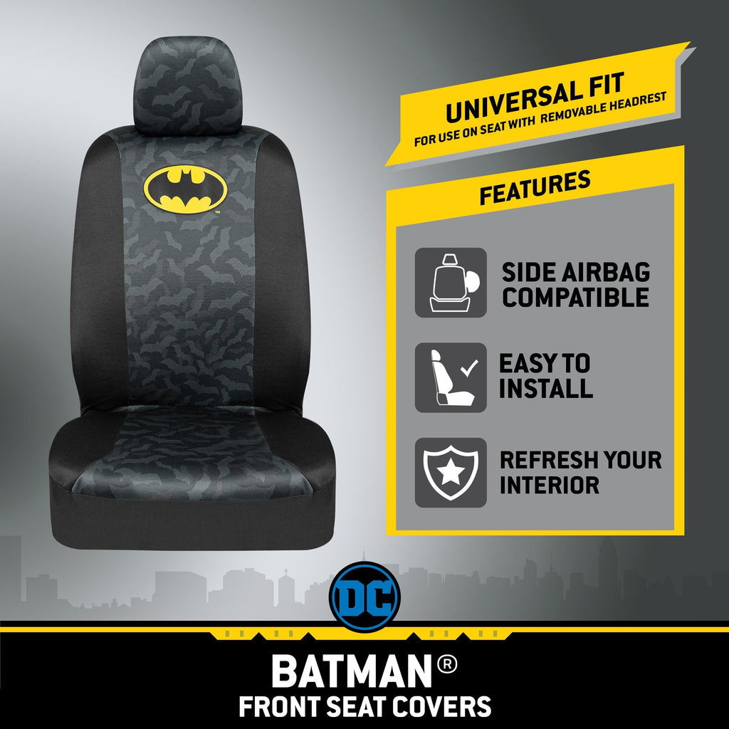 Warner Bros DC Comics 2-Pack Batman Logo with Bat Background Front Seat Covers and 2-Pack Batman Logo Seat Belt Pads
