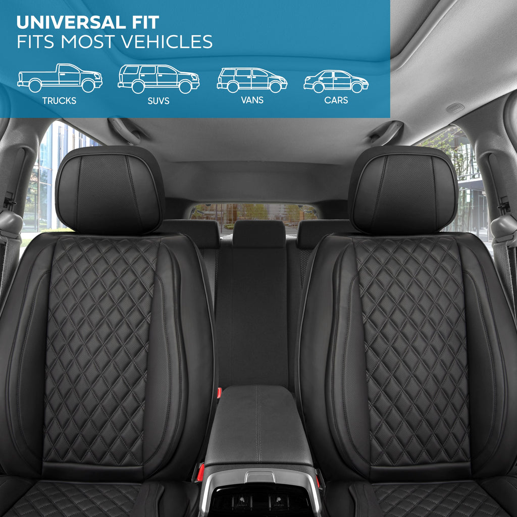 MotorBox Elite Edition Faux Leather Seat Covers for Cars, Trucks, & SUV - 2 Black Car Seat Covers for Front Seats - Universal Fit Car Accessories Automotive Interior Cover Protector for Most Vehicles