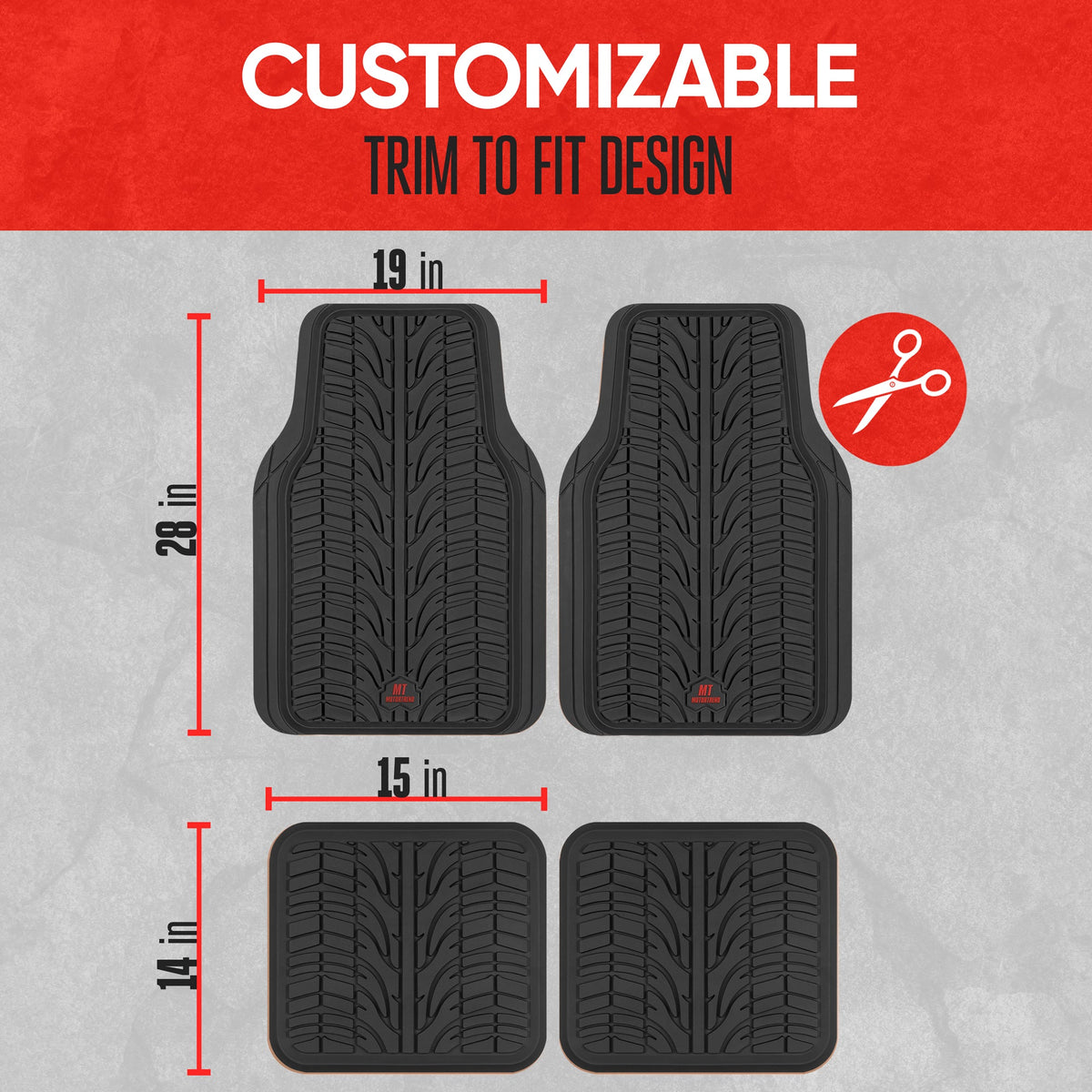 MotorTrend 4-Piece Grand Prix Tire Tread Front Floor Mats and Rear Floor Mats - Heavy Duty, All Weather, Trim to Fit
