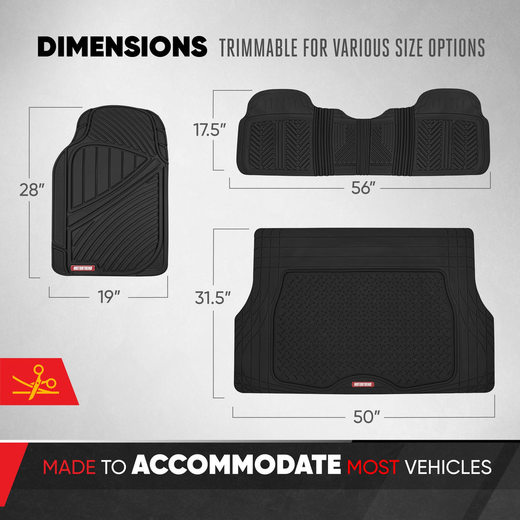 MotorTrend 4-Piece FlexTough Performance Deep Channel Front Floor Mats, Rear Floor Mat, and Trunk/Cargo Mat - Heavy Duty, All Weather, Trim to Fit