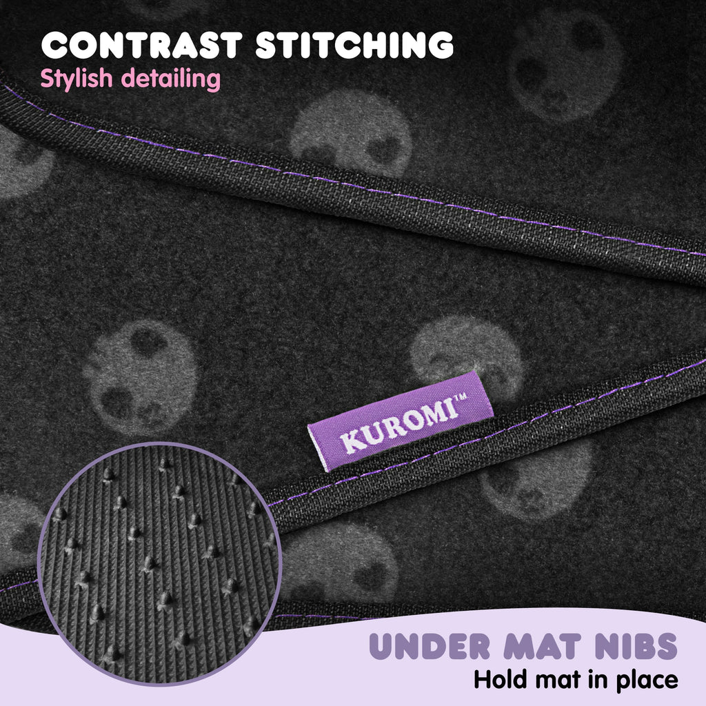 Kuromi Carpet Car Floor Mats - Universal Fit for Cars, SUVs & Trucks - Black with Kuromi Print & Purple, Pink Accents - Front & Rear Set, 4 Piece