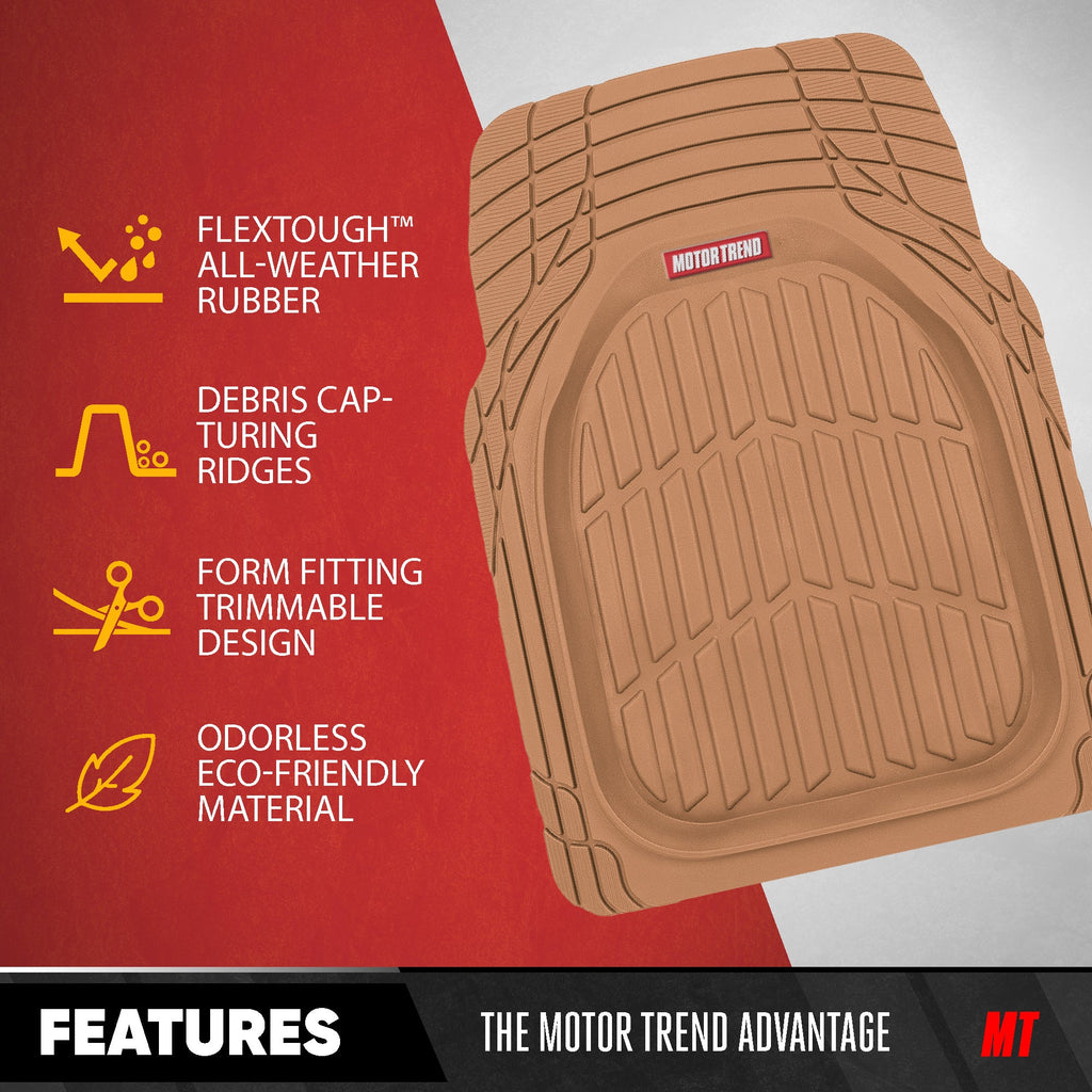 MotorTrend 4-Piece FlexTough Deep Dish Front Floor Mats, Rear Floor Mat, and Trunk/Cargo Mat - Heavy Duty, All Weather, Trim to Fit