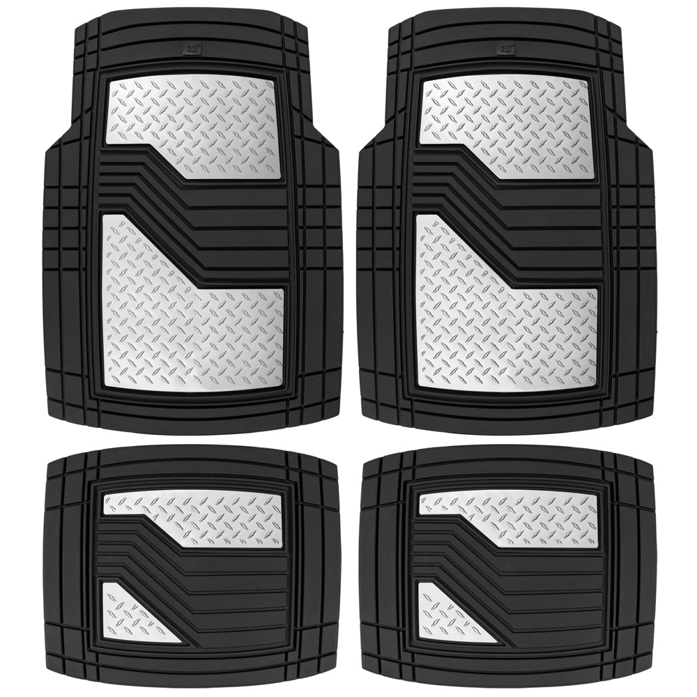 CAT 4-Piece Two-Tone Metallic-Look Front Floor Mats and Rear Floor Mats - Heavy Duty, All Weather, Trim to Fit - Black/Silver