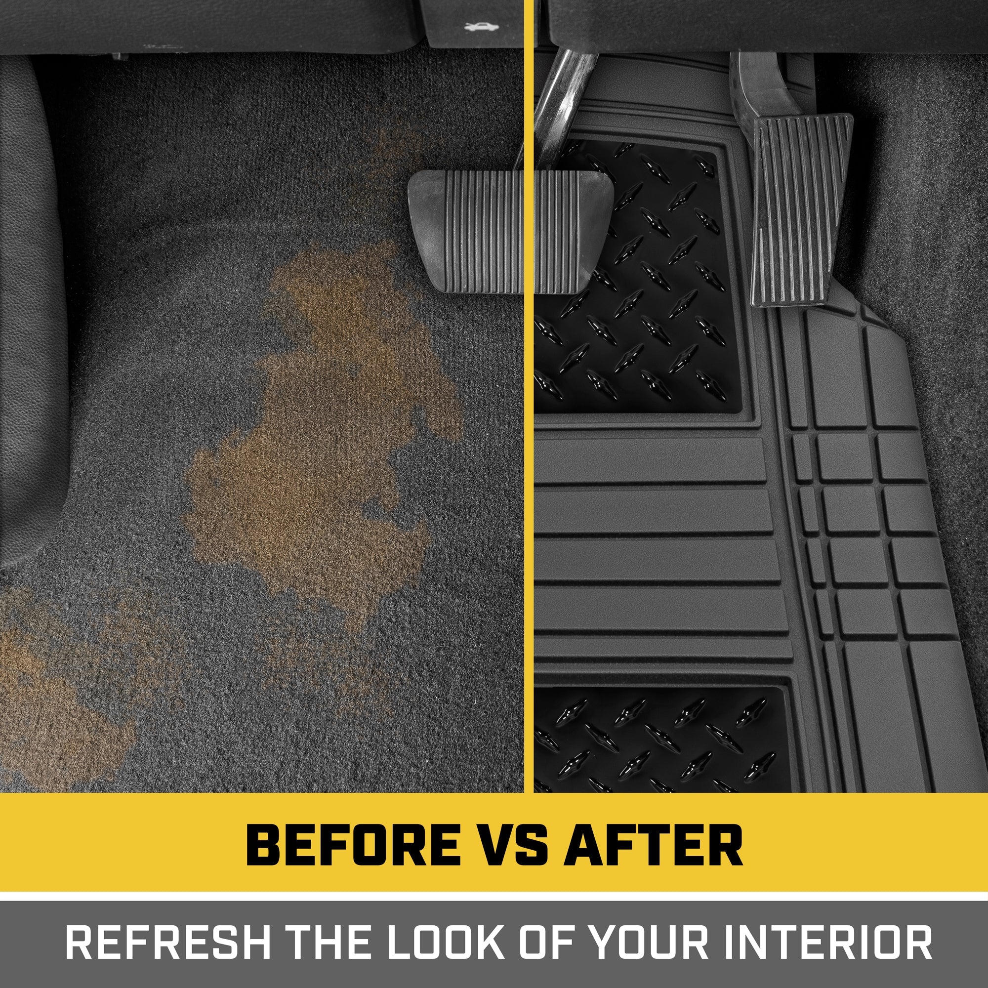 CAT 4-Piece Two-Tone Metallic-Look Front Floor Mats and Rear Floor Mats - Heavy Duty, All Weather, Trim to Fit
