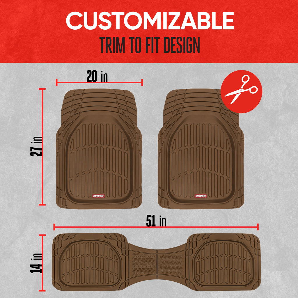 MotorTrend 3-Piece FlexTough Deep Dish Front Floor Mats and Rear Floor Mat - Heavy Duty, All Weather, Trim to Fit