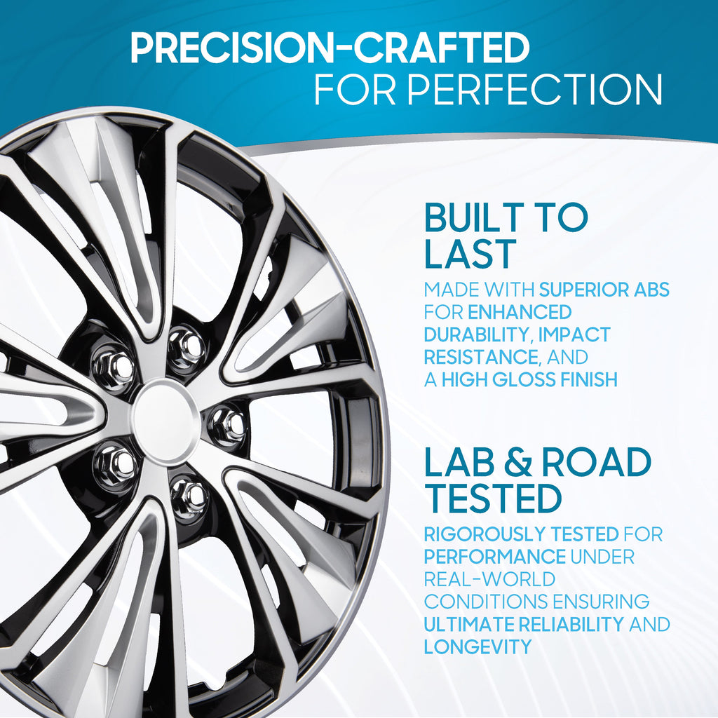 BDK 16 Inch Hubcaps Set of 4 - OEM Replacement Snap-On Wheel Rim Covers - Universal Fit Car Wheel Cover for Cars, Trucks, SUV, Vans Durable ABS Black & Silver 5-Spoke Hub-Cap Car Accessories Exterior