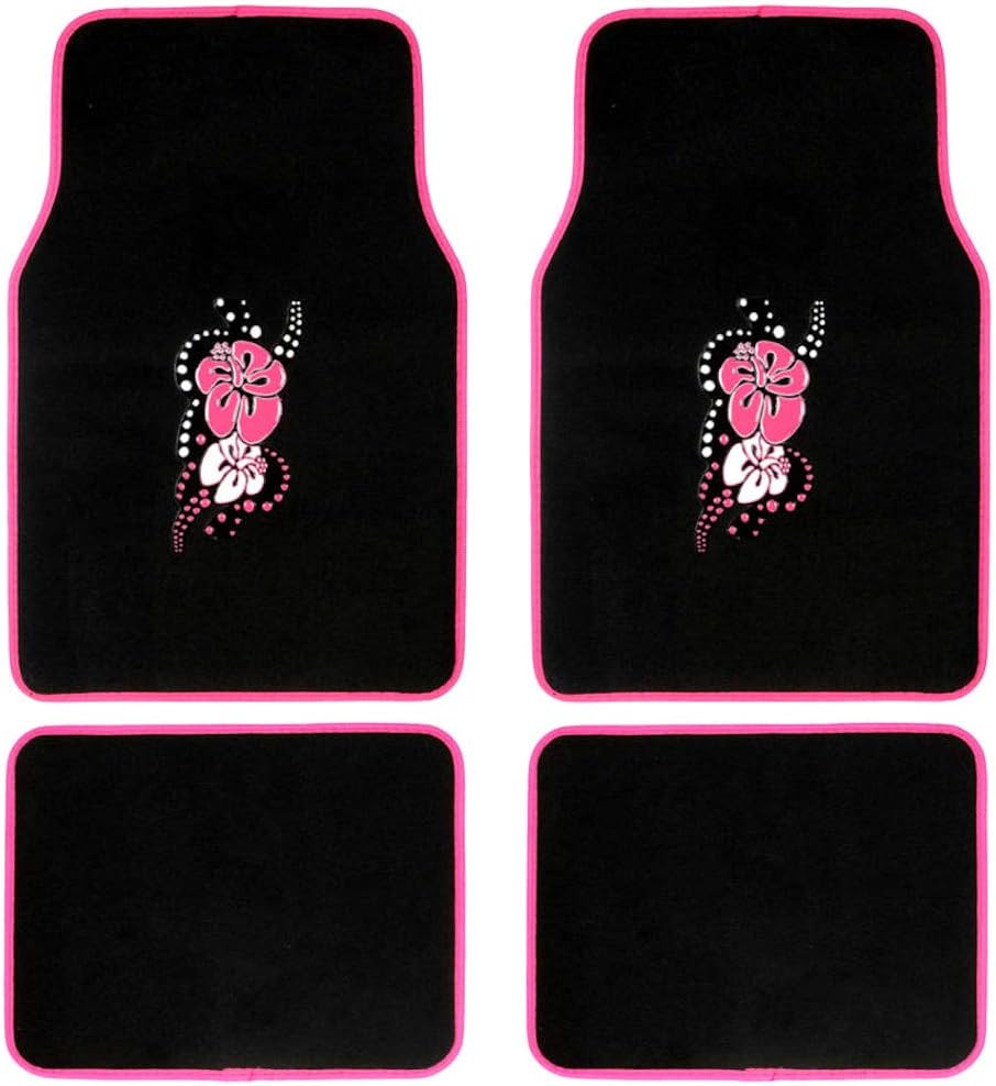 BDK Design Patch Carpet Front Floor Mats and Rear Floor Mats - Pink Hawaiian Flower