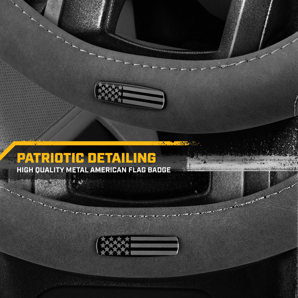 Cat® Honor Line Flux Leather Steering Wheel Cover w Metal Flag Emblem, Grey Leatherette, Standard 14.5–15.5 Inch, Non Slip Comfort, Car Steering Wheel Cover for Auto Truck SUV, Car Accessories