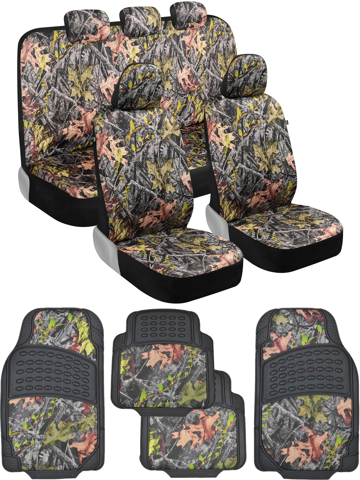 BDK Camo Car Seat Covers Full Set with Camo Car Floor Mats – Complete Interior Protection Set, Realistic Green Forest Camouflage Pattern, Camoflauge Interior Accessories for Auto Truck Van & SUV