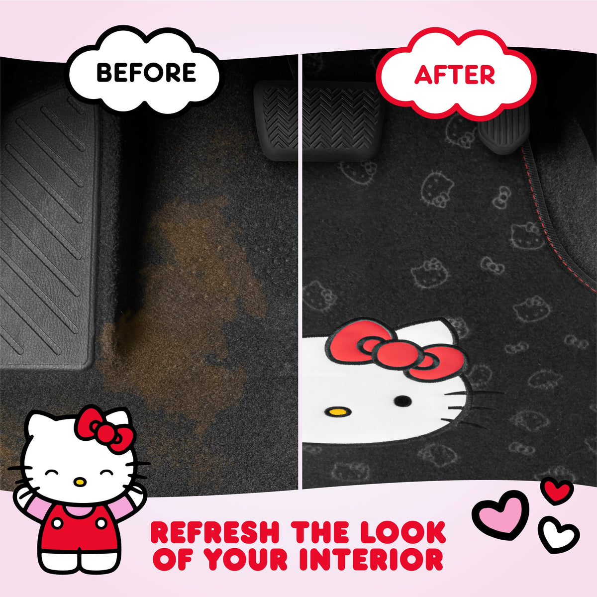 Hello Kitty Carpet Car Floor Mats - Universal Fit for Cars, SUVs & Trucks - Black with Red Bow & Hello Kitty Print - Front & Rear Set, 4 Piece Car Accessories