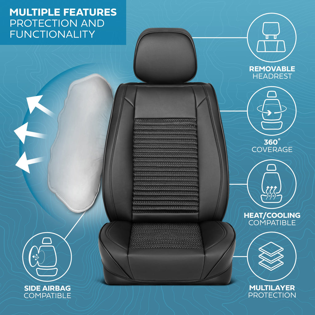 MotorBox Elite Edition Faux Leather & All Weather Wicker Seat Covers for Cars, Trucks, & SUV - 2 Black Car Seat Covers for Front Seats - Universal Fit Car Accessories Automotive Interior Protector