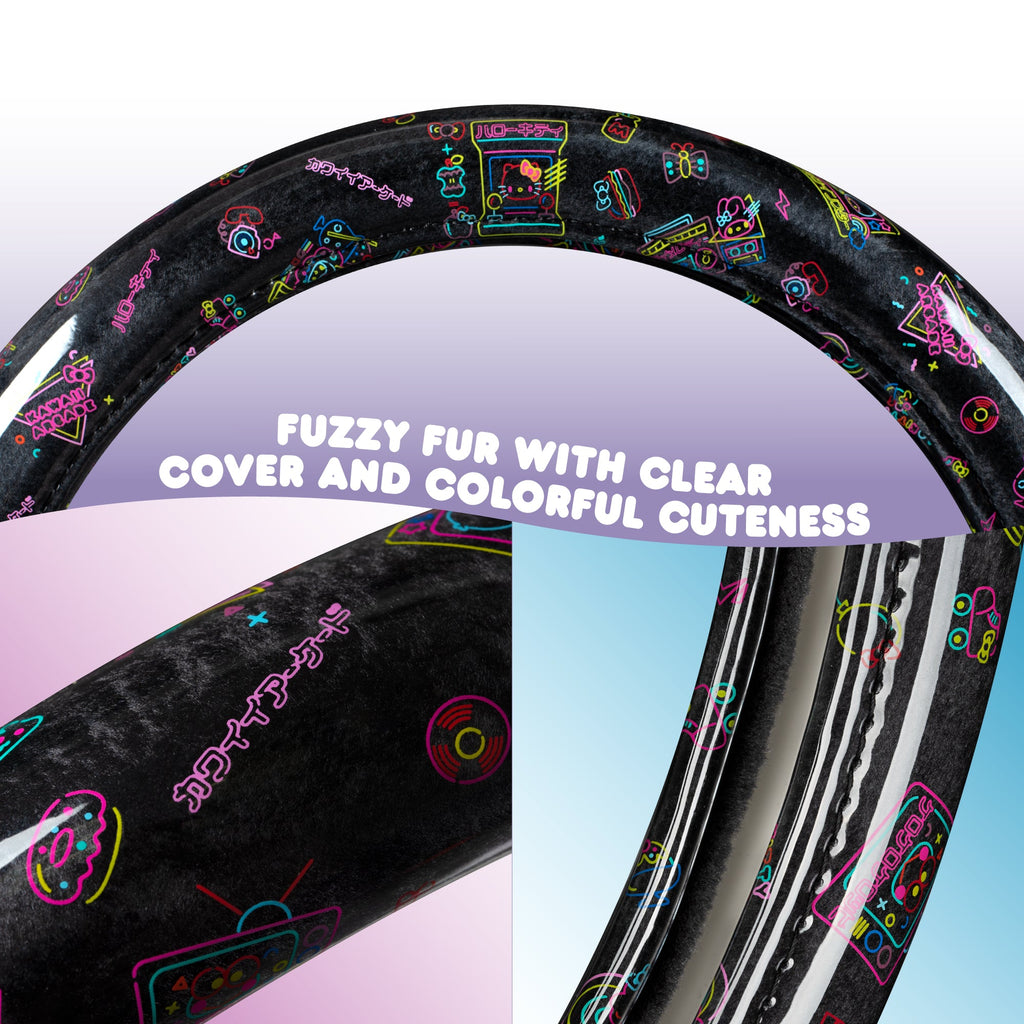 Hello Kitty Steering Wheel Cover, Official Sanrio Car Steering Wheel Cover with Universal Size 14.5 - 15.5, Cute Black Steering Wheel Cover for Women, Hello Kitty Car Accessories (Hello Kitty Kawaii Arcade)