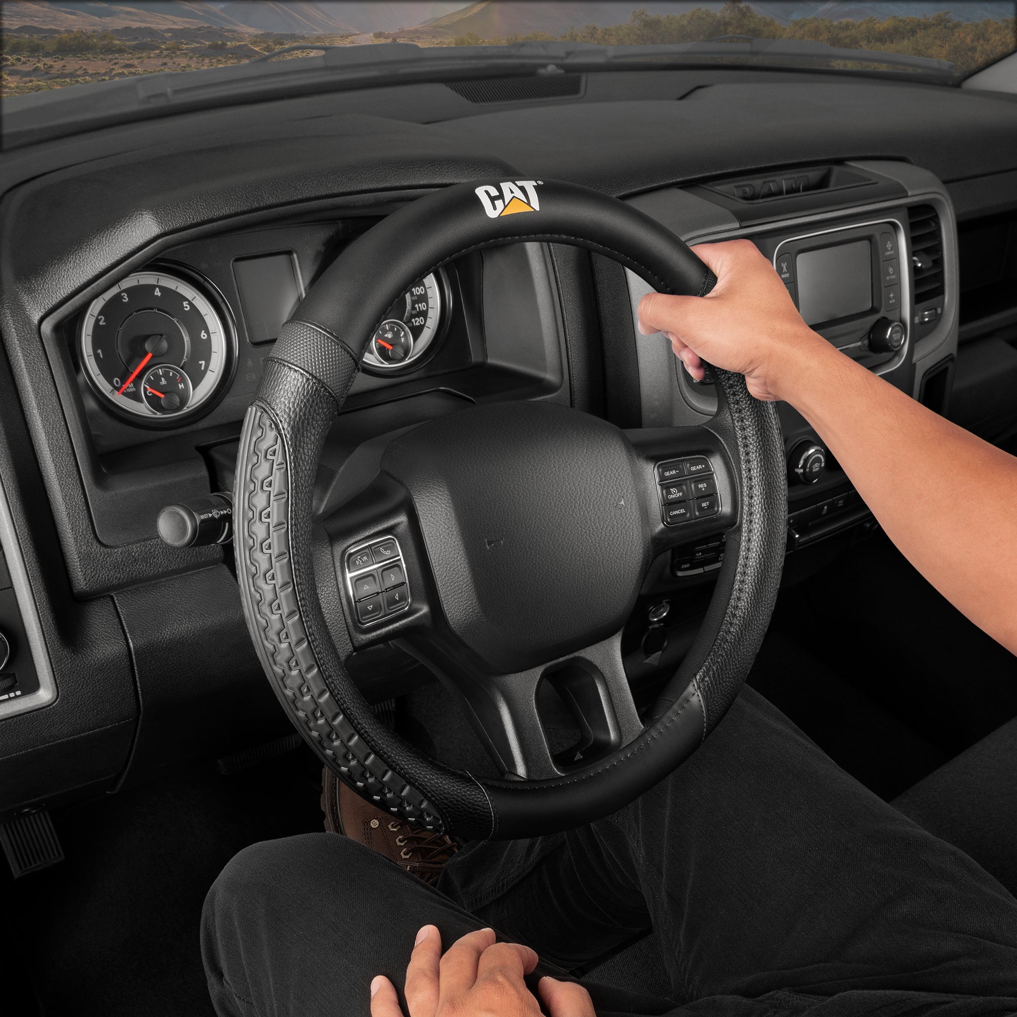 Cat® DuraGrip Car Steering Wheel Cover Tire Tread Inspired Traction Grip Design, Black Steering Wheel Cover for RV Semi Truck Big Rig Trucker