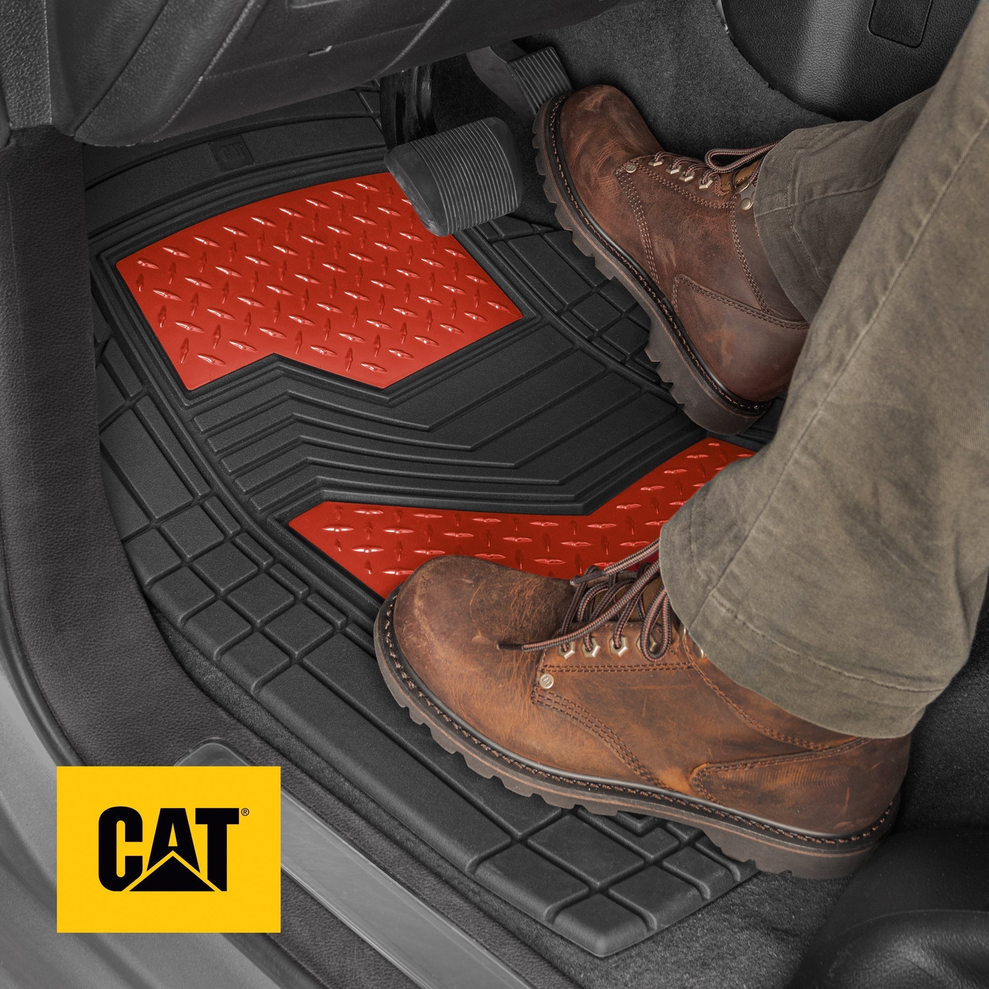 CAT 4-Piece Two-Tone Metallic-Look Front Floor Mats and Rear Floor Mats - Heavy Duty, All Weather, Trim to Fit