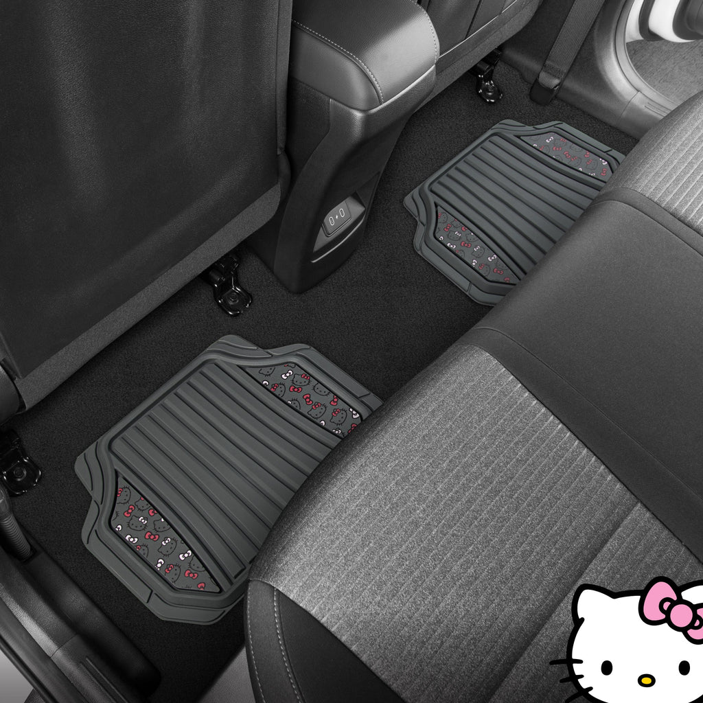 Hello Kitty Car Mats 4pc Floor Mats for Cars Trucks SUVs Kawaii Car Floor Mats for Women Men Accessories Rubber Heavy Duty Cute Non-Slip Always Front Rear Hello Kitty Car Accessories Classic Gray with Pink Bows