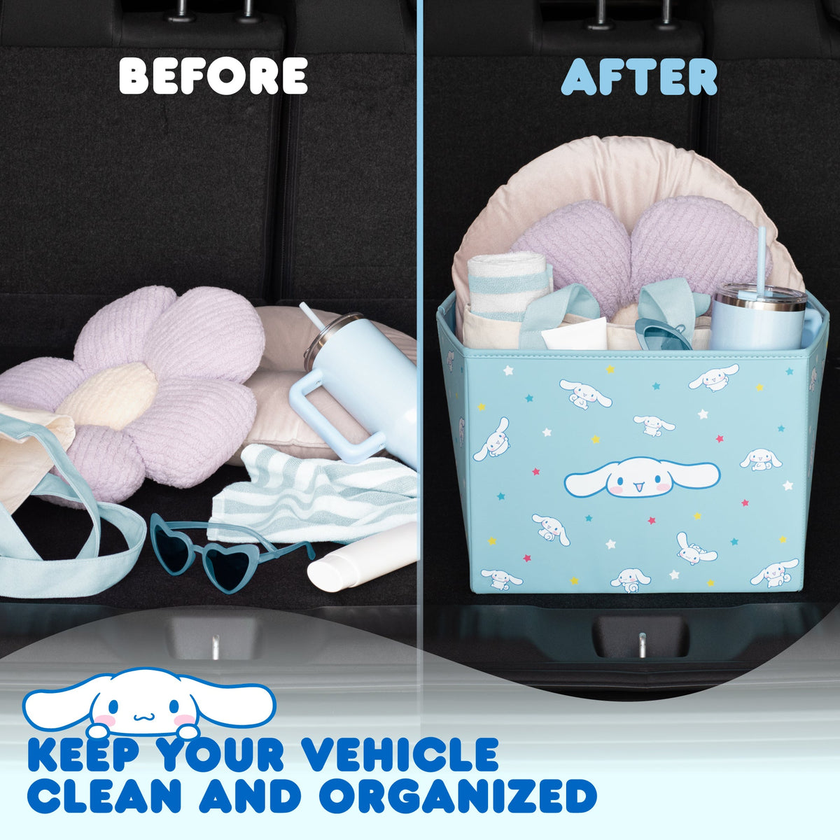 Sanrio Cinnamoroll Car Trunk Organizer and Storage Bin - Collapsible Compartment, Heavy Duty, Fold Up for Easy Storage, Automotive Seat Cargo for Groceries Tools - 12.5L x 12.5W x 9H