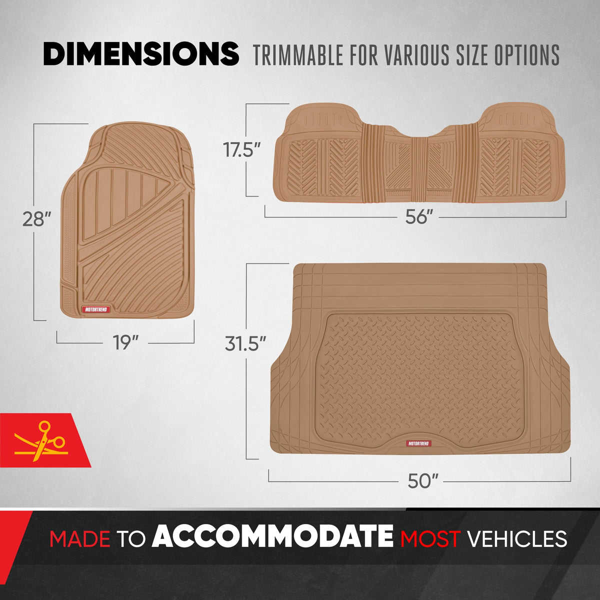 MotorTrend 4-Piece FlexTough Performance Deep Channel Front Floor Mats, Rear Floor Mat, and Trunk/Cargo Mat - Heavy Duty, All Weather, Trim to Fit