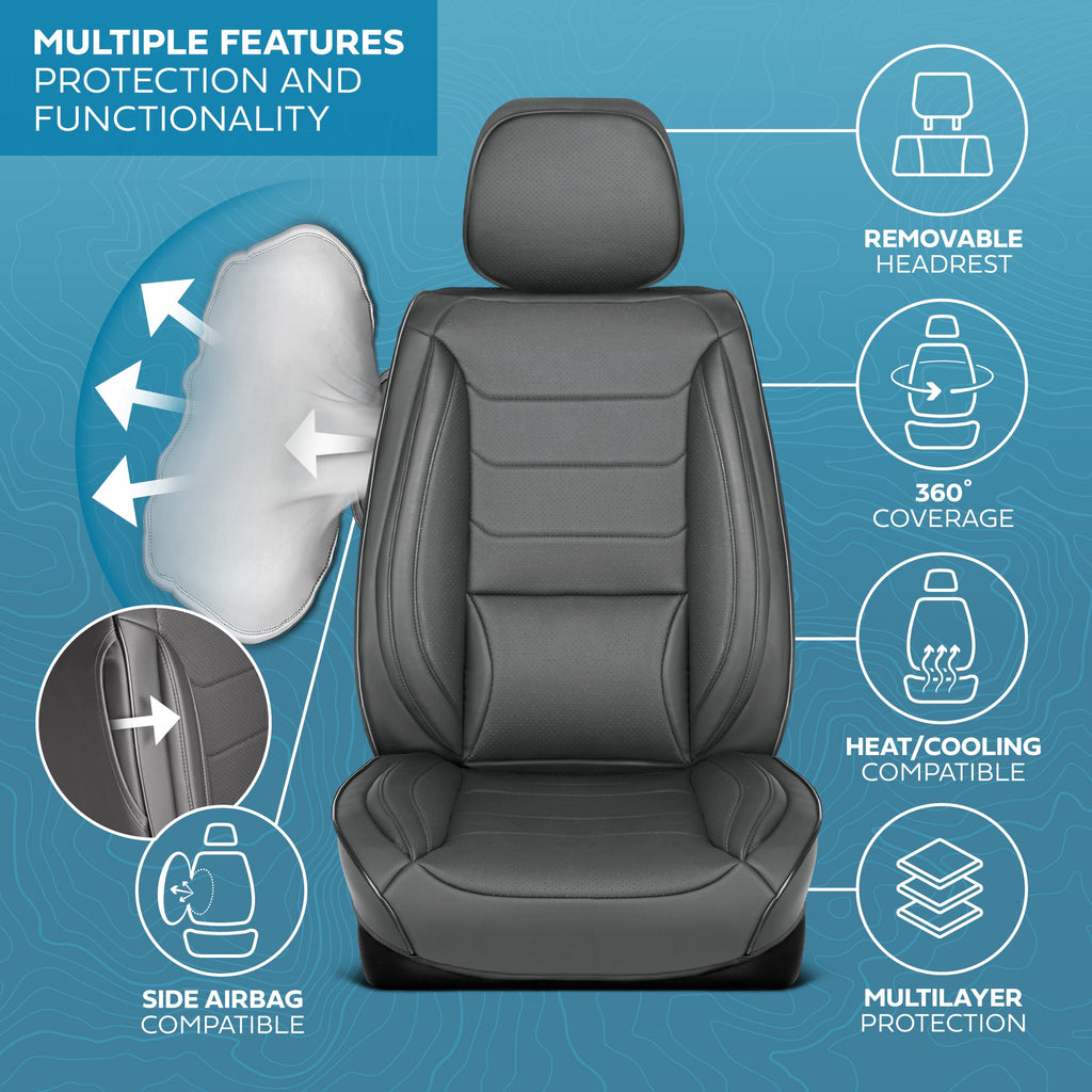 MotorBox Elite Edition Faux Leather Seat Covers for Cars, Trucks, & SUV - 2 Gray Car Seat Covers for Front Seats - Universal Fit Car Accessories Automotive Interior Cover Protector for Most Vehicles