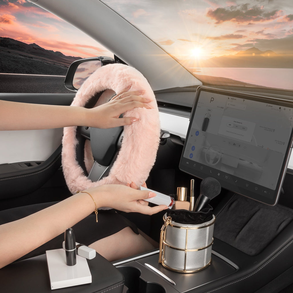 Carbella Soft Pink Fuzzy Steering Wheel Cover, Standard 15 Inch Size Fits Most Vehicles, Cute Faux Fur Car Steering Cover with Soft Fluffy Furry Touch, Car Accessories for Women