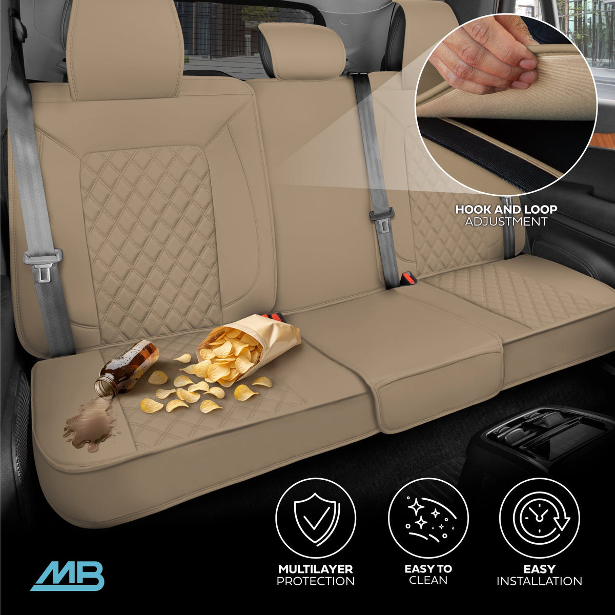 MotorBox Premium Napa Leather Rear Seat Cover - Semi Universal Fit for Most Cars, Truck & SUV - Beige Back Seat Protector - Anti-Slip, Durable Bench Cover - Easy Install, Luxury Car Interior Upgrade