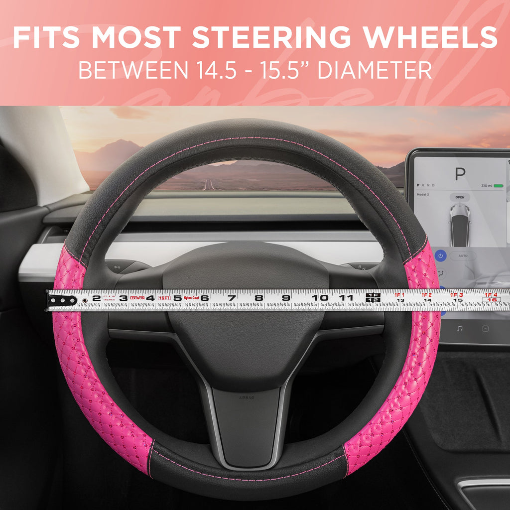 Carbella Pink Sequin Stitched with Crystals Steering Wheel Cover (Fits 14.5" - 15.5")