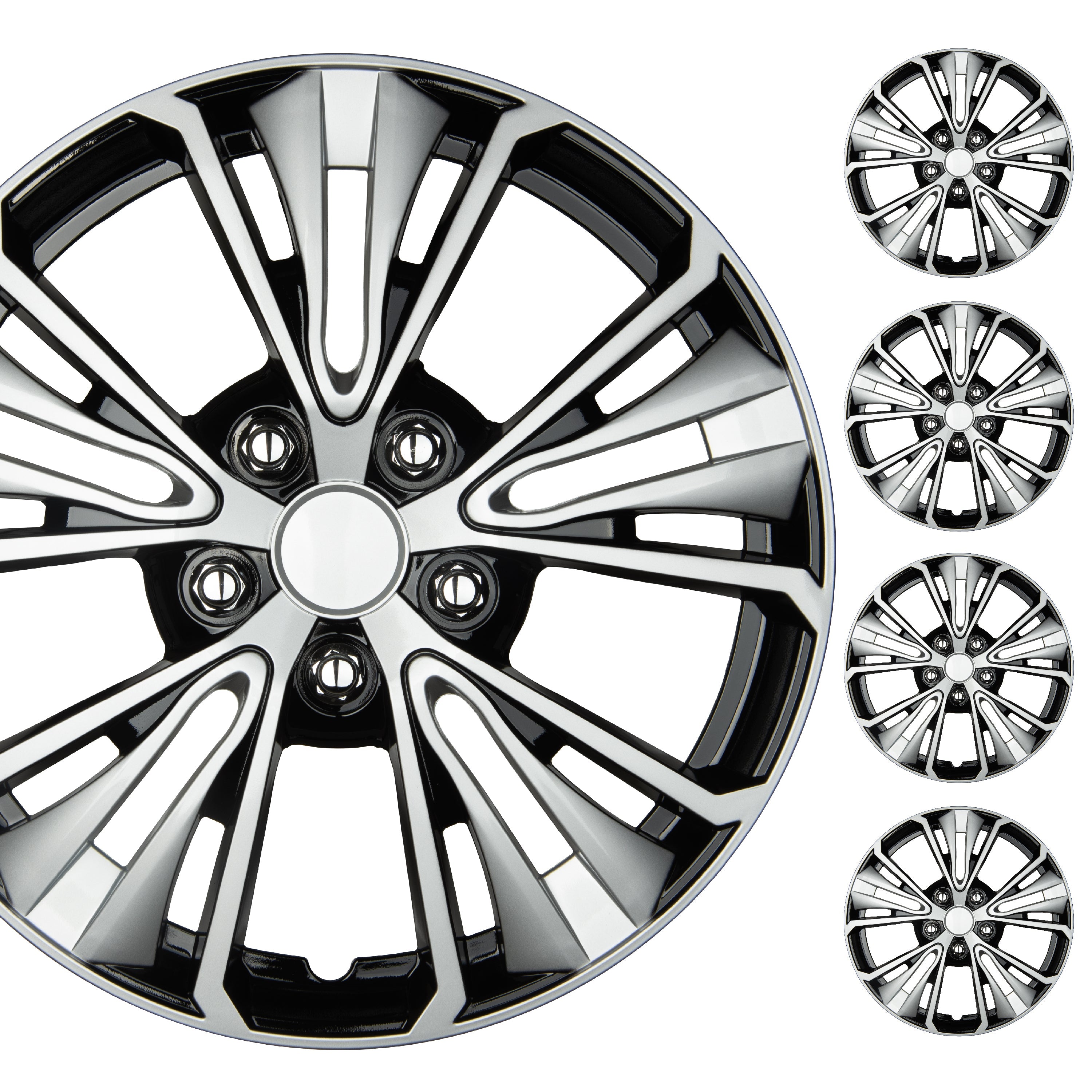 BDK 16 Inch Hubcaps Set of 4 - OEM Replacement Snap-On Wheel Rim Covers - Universal Fit Car Wheel Cover for Cars, Trucks, SUV, Vans Durable ABS Black & Silver 5-Spoke Hub-Cap Car Accessories Exterior