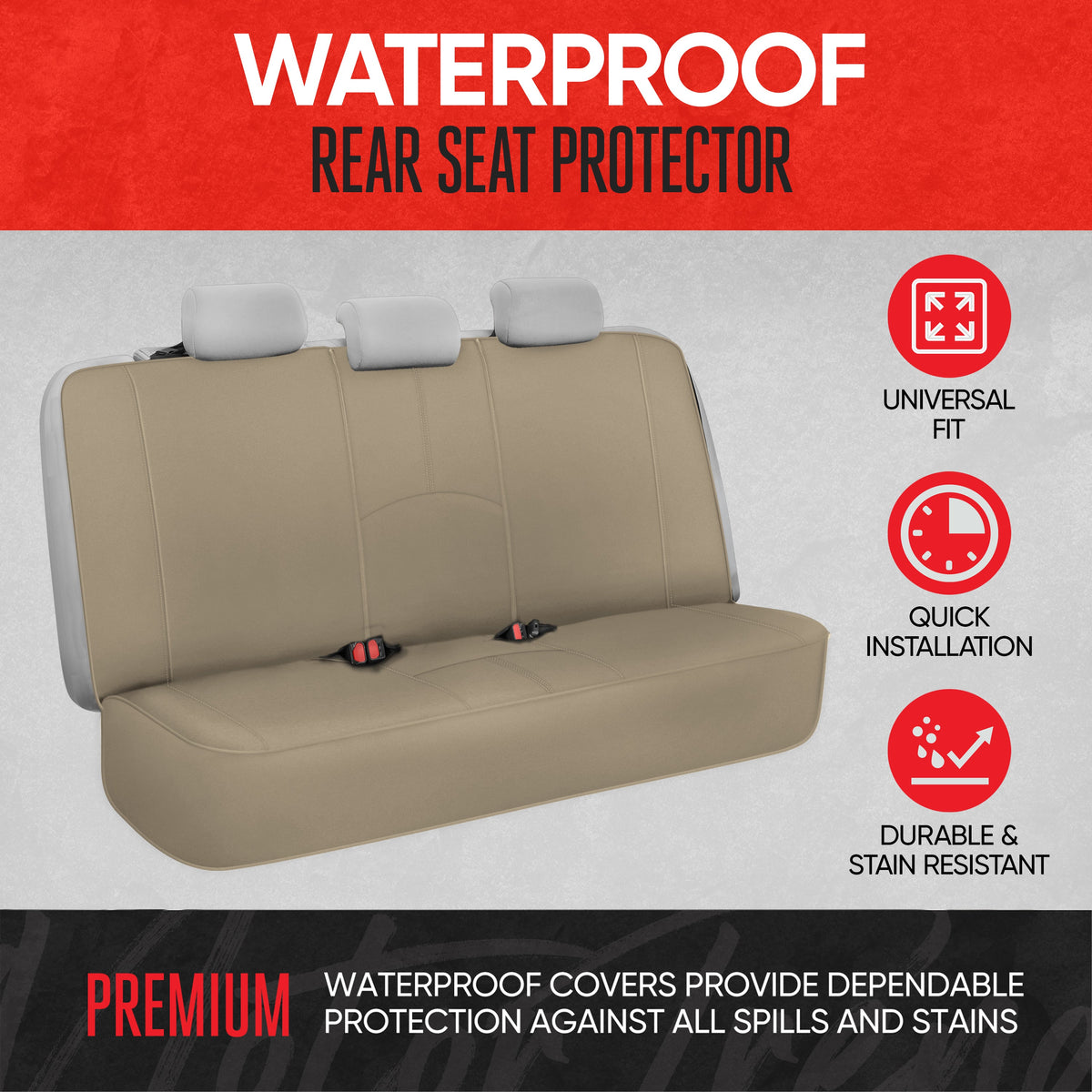 Motor Trend SpillGuard Waterproof Rear Bench Car Seat Cover, All Beige Stitching - Split Bench Rear Seat Protector with Neoprene Padding, Back Seat Cover for Kids & Dogs, Car Interior Covers