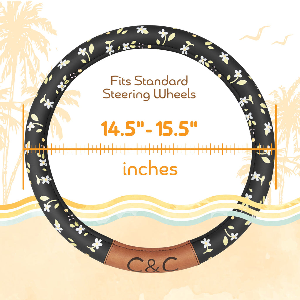C&C California Car Steering Wheel Cover Floral Daisy Flowers, Non Slip Black Leather Steering Wheel Cover for Women Men, Cute Comfortable Soft Easy Installation Universal Fit (Fits 14.5"-15.5" Inches)