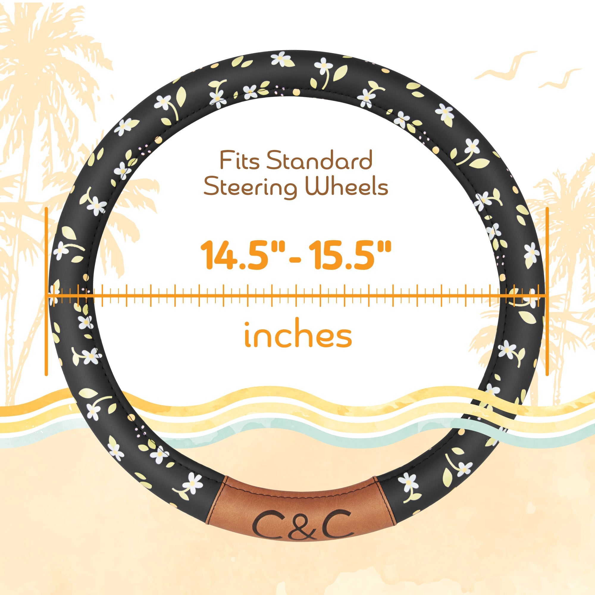 C&C California Car Steering Wheel Cover Floral Daisy Flowers, Non Slip Black Leather Steering Wheel Cover for Women Men, Cute Comfortable Soft Easy Installation Universal Fit (Fits 14.5"-15.5" Inches)