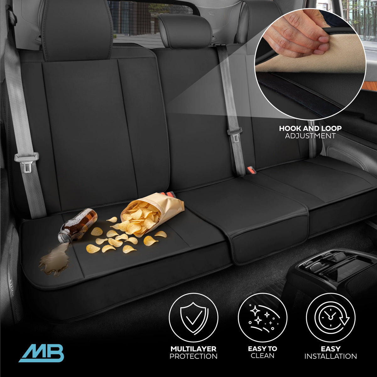 MotorBox Premium Napa Leather Rear Seat Cover – Semi Universal Fit for Most Cars, Truck & SUV – Black Back Seat Protector – Anti-Slip, Durable Bench Cover – Easy Install, Luxury Car Interior Upgrade