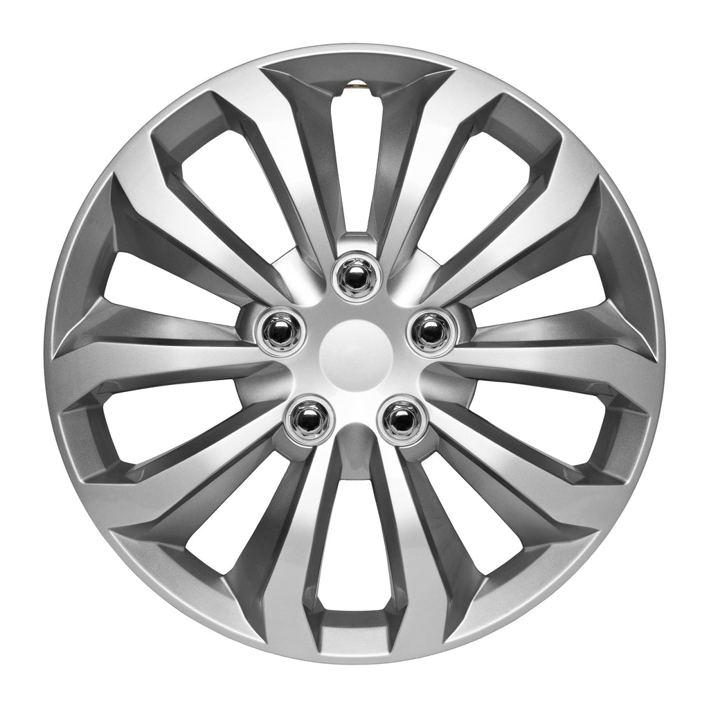 BDK 4-Pack Premium 16" Silver and Gunmetal Universal Fit Hubcap Covers for Wheels and Rims (10 spokes) - Replacement, Snap On, OEM Style