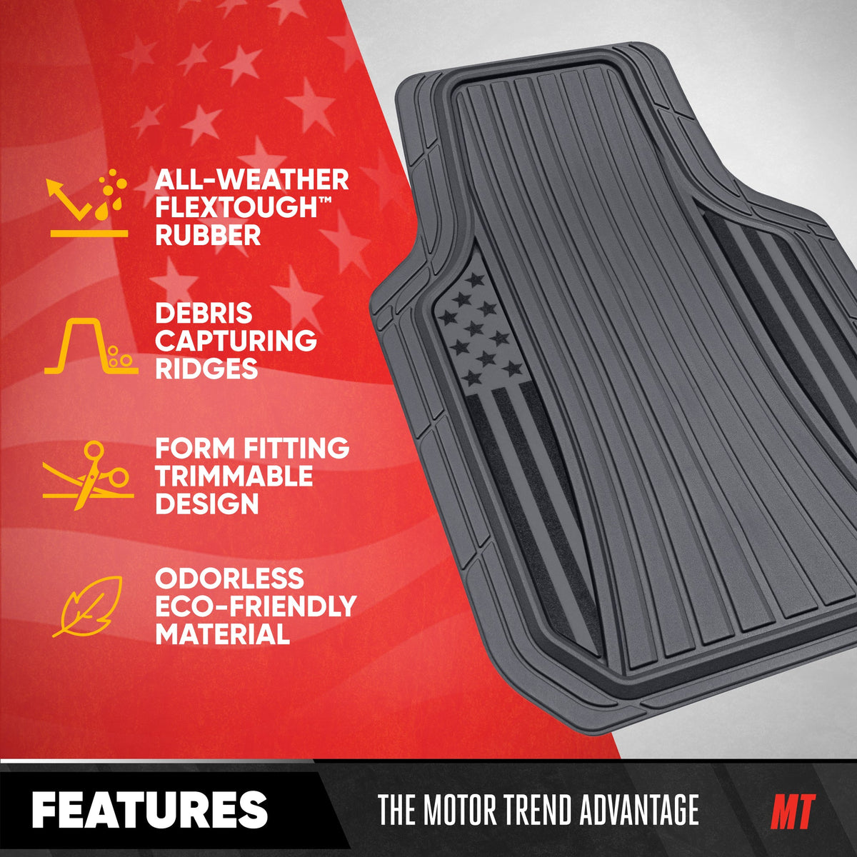 Clone from Motor Trend Flag Car Floor Mats Full Set - Durable Gray Rubber Floor Mats for Cars with Two Tone Accent, All Weather Interior Protection for Front and Rear with Non-Slip Backing, Gray - Flag Gray