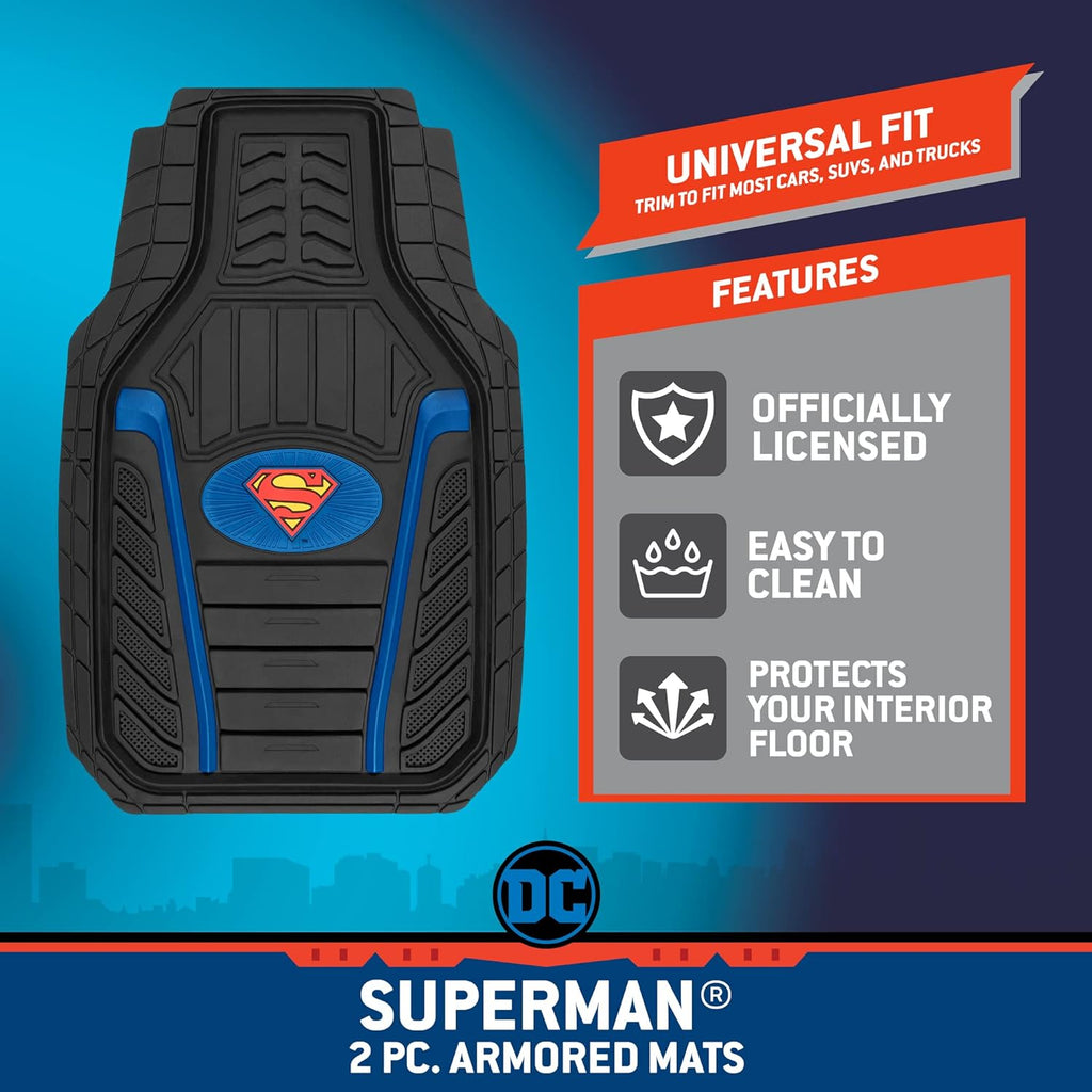 BDK Armored Super Hero Car Floor Mats - Officially Licensed DC Comics - All Weather Heavy Duty Auto Interior Liners for Car Truck Van SUV (Multiple Styles)