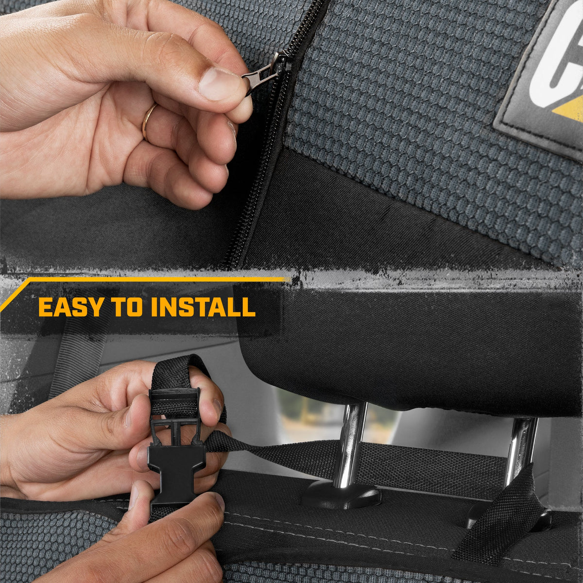 Cat Flexfit Charcoal & Black Rear Seat Cover for Car - Durable Canvas & Mesh Design 60/40 Split Bench Protector for Cars, Trucks & SUVs - Back Seat Cover for Rear Bench - Interior Car Accessory